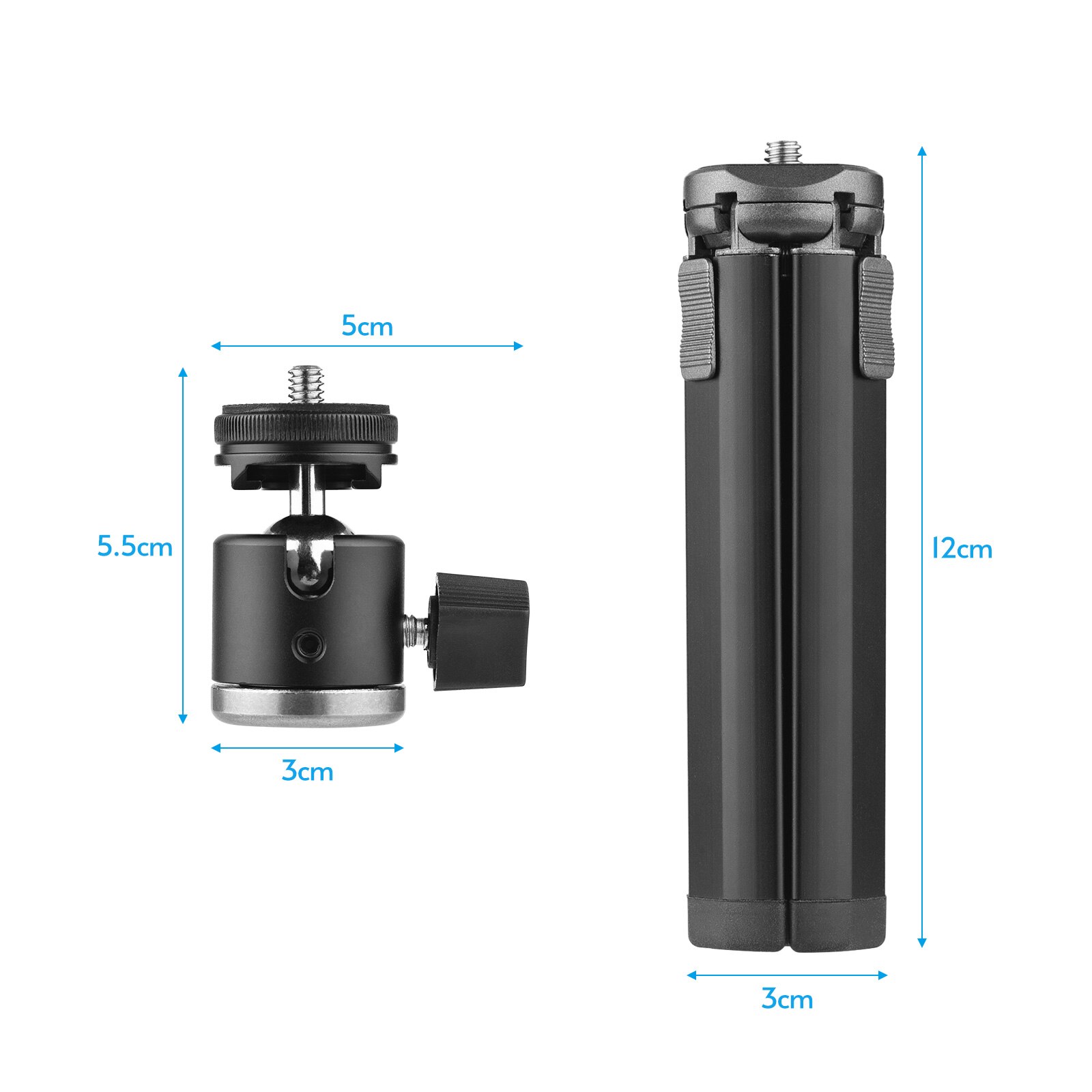 Mini-stativ aus aluminiumlegierung mit kugelkopf (doppelt verwendbar), tragbarer stativgriff, kugelkopf und 1/4 blitzschuhe für smartphone-kameraaufnahmen