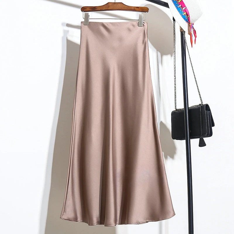 Højtaljet a-linje nederdel til kvinder satin silke ensfarvede nederdele kontordame elastisk talje dame lang nederdel sommer: Xl / Sølv