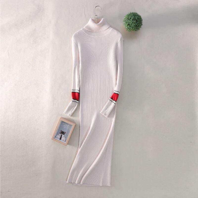 Autumn-Winter Women's Knitted Dress Fashionable sexy long dress with long sleeves and high collar: Beige