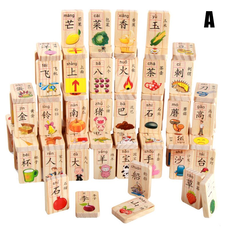 100 stk børn tidligt pædagogisk legetøj træ dobbeltsidet kinesisk karakter domino alfabetisering kognitivt legetøj  an88: -en