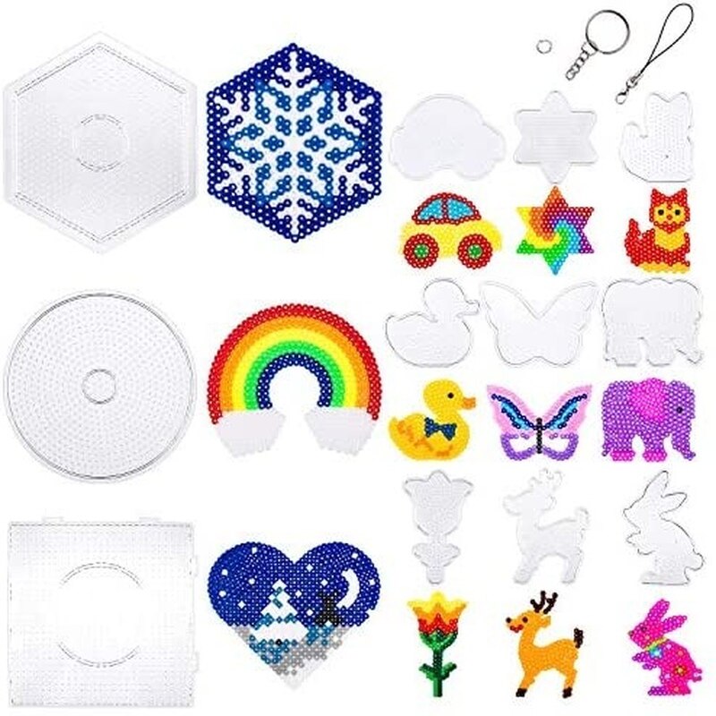 Fuse Beads Pegboards Set 3 Large and 9 Small pegboard with 12 Colorful Cards 12 Keychains 12 Key Hang Ropes for Kids DIY Craft: Default Title