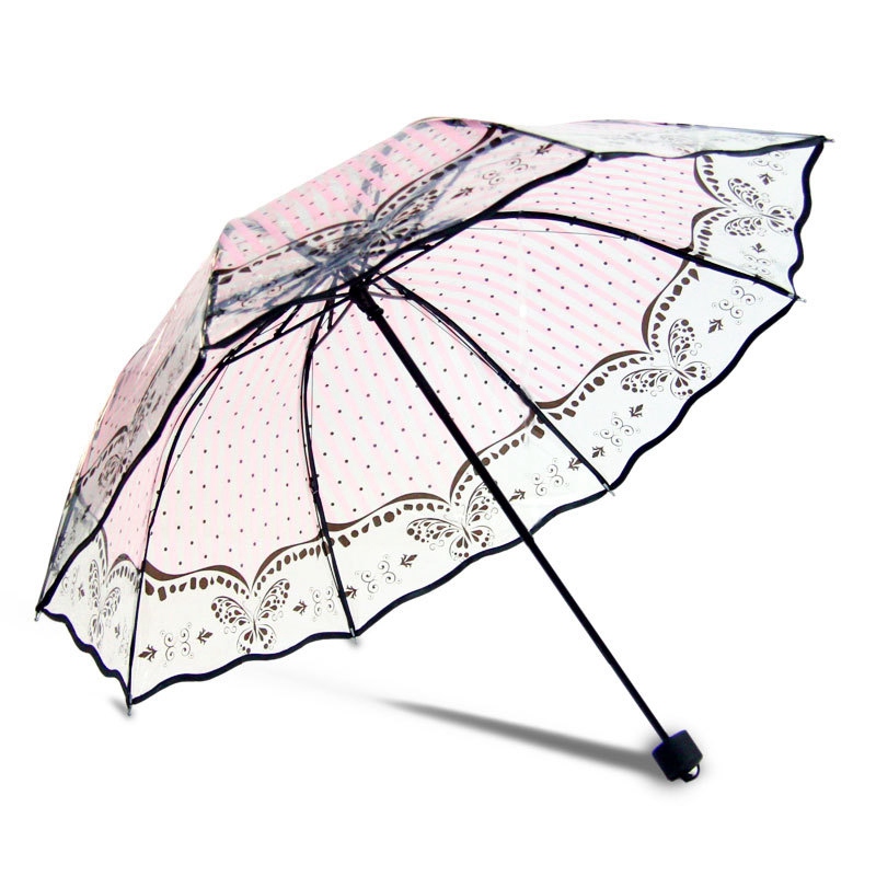 Paraply regn kvinder gennemsigtig solrig og regnfuld paraply parasol tykkere tre-foldet reklame paraply