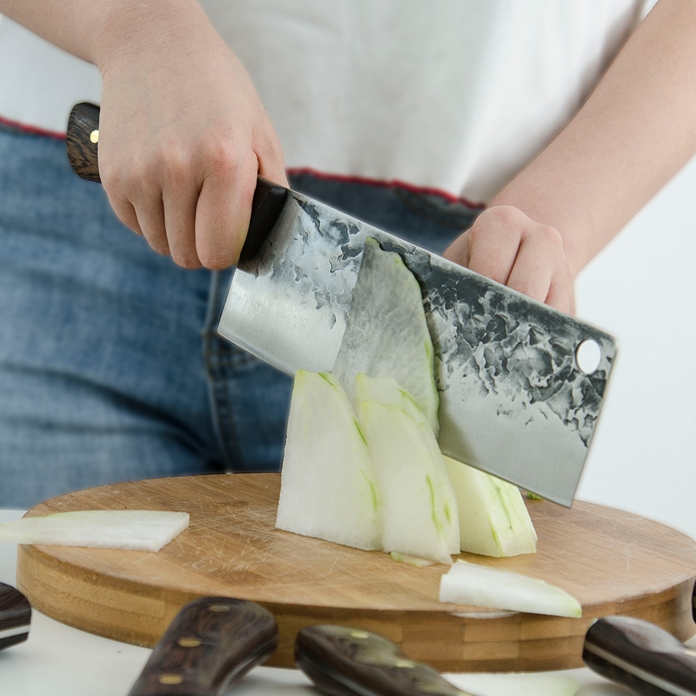 Qing raskaaseen teurastajanveitsi monitoiminen kiinalainen lihakirves lihan pilkkomiseen luun leikkaamiseen taottu teräs kokkiveitsi keittiövälineistö