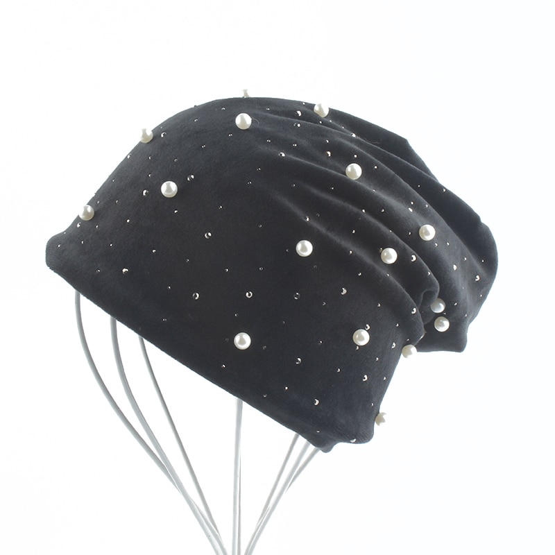 Gorros de terciopelo con diamantes de imitación y perlas para mujer, sombrero cálido y suave, de invierno, novedad de