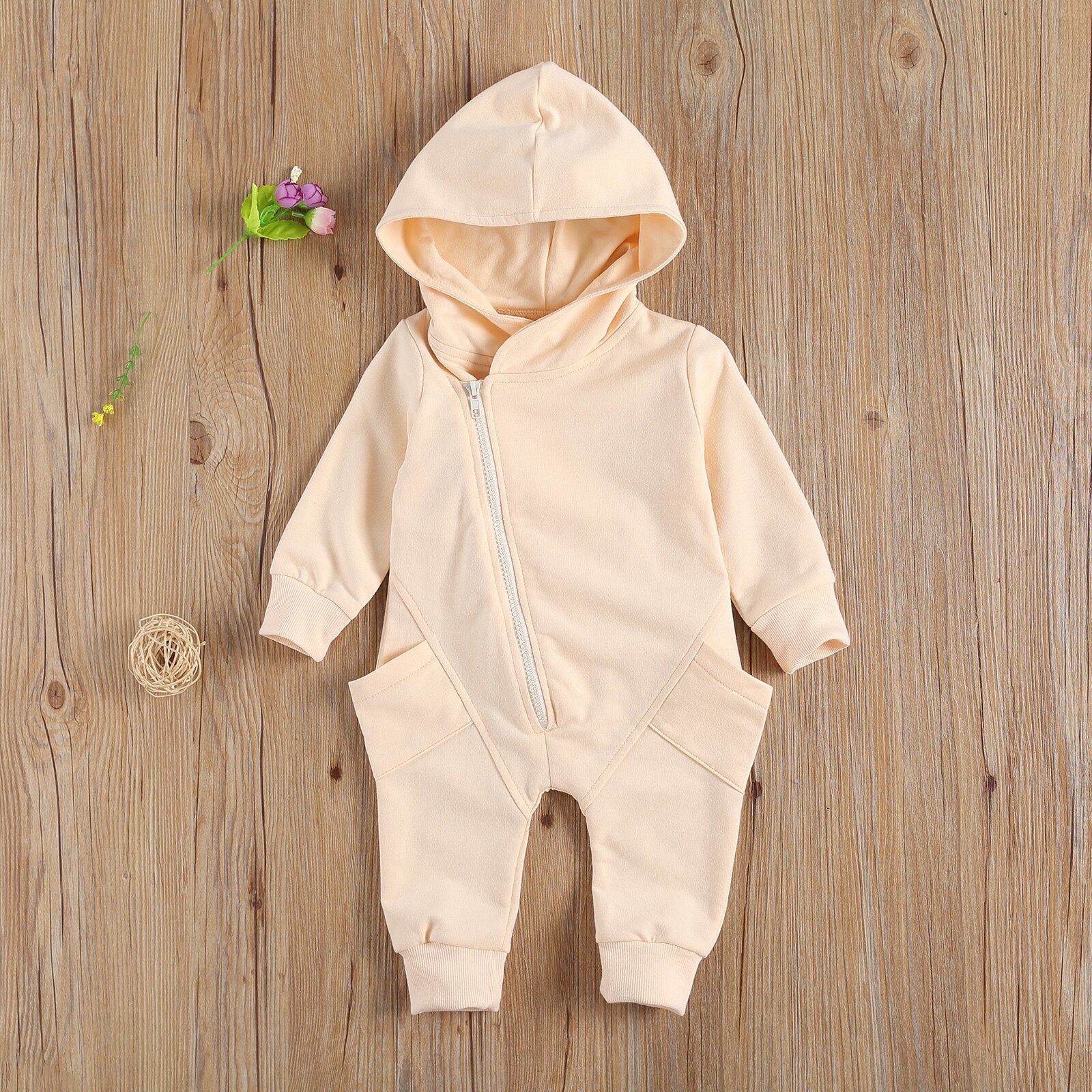 FOCUSNORM Autumn Winter Infant Baby Girls Boys Rompers Solid Pocket Long Sleeve Zipper Hooded Jumpsuits 2 Colors 0-24M