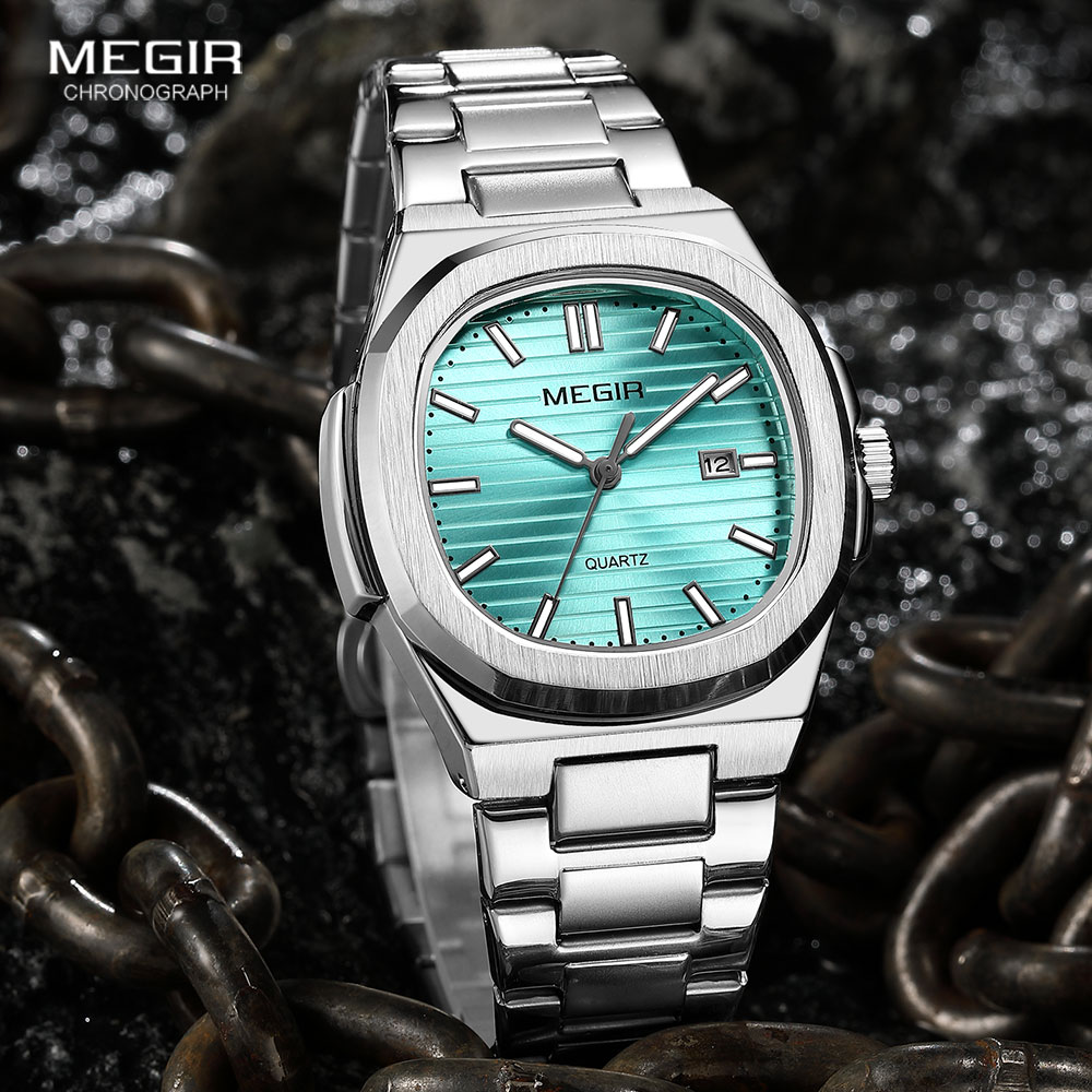 MEGIR Klassische Herren-Kleideruhr mit goldenem Edelstahlband, ovales grünes Zifferblatt, wasserdichte Quarz-Armbanduhr mit leuchtendem Zeiger