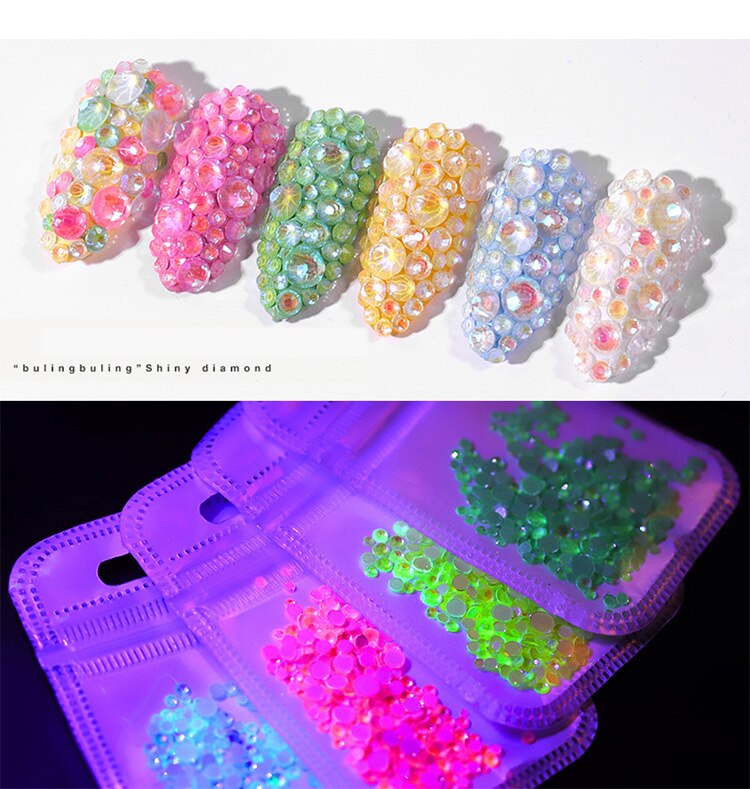 1 Pack Lichtgevende Nail Art Rhinestone Decoratie 3D Holograhic Glitter Mix Size SS6-SS20 Sieraden Glow In The Dark Nail Tips decor