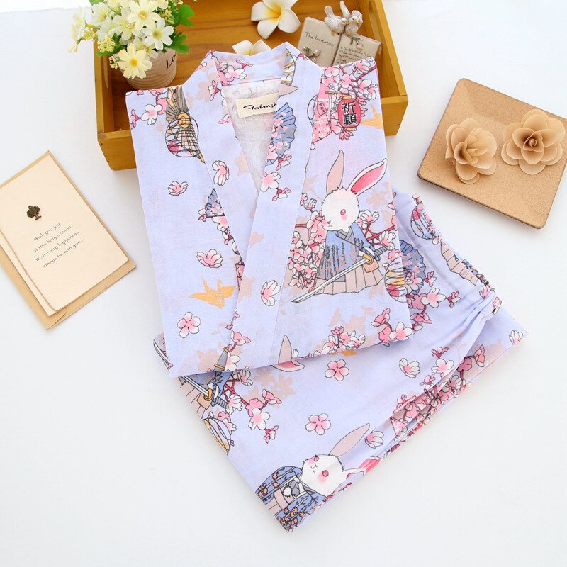 Japanilainen söpö kani kimono perinteinen pyjama-setti naisten kevät- ja syksypuuvillainen harso höyrytettyjen vaatteiden kotipalvelu yukata: Sininen / L
