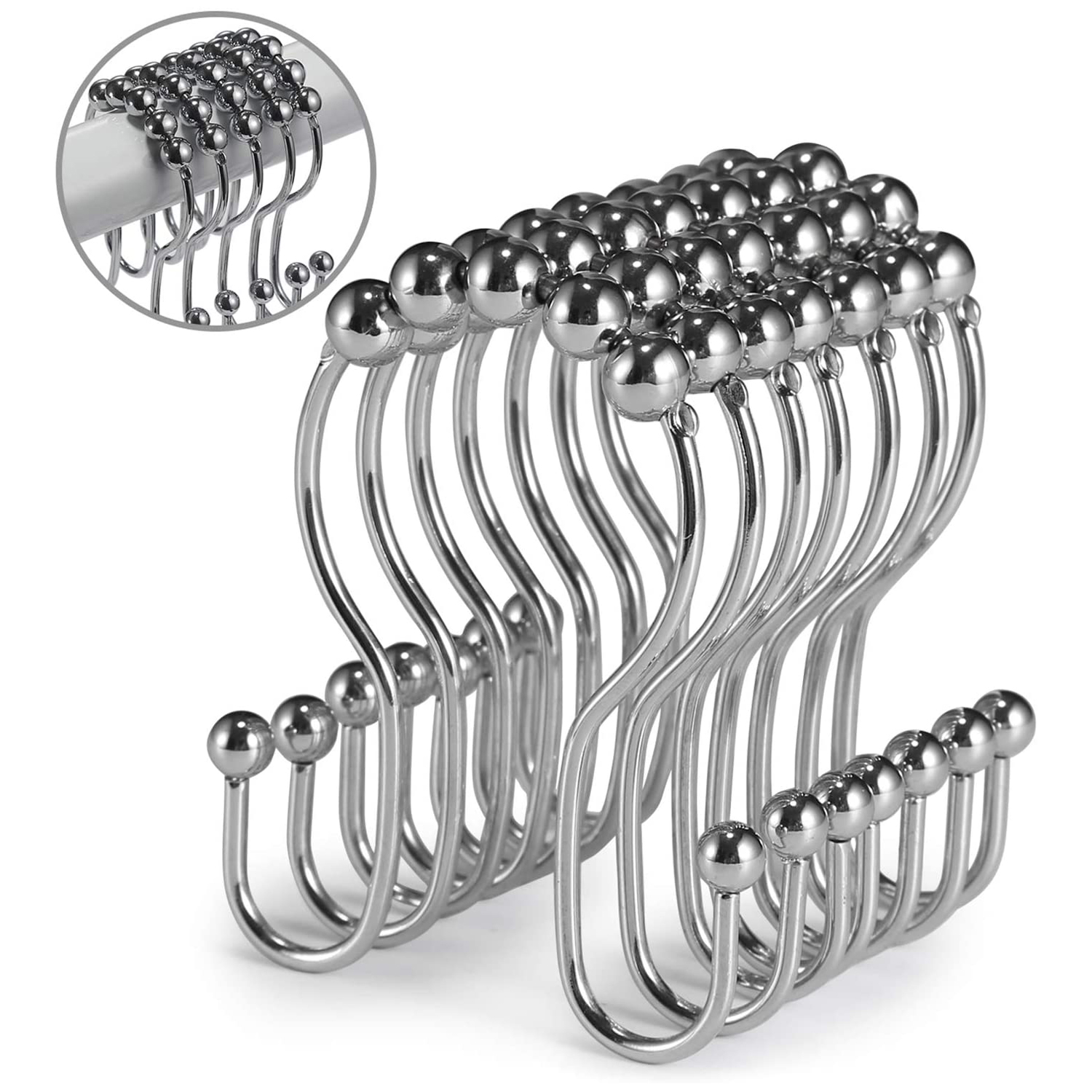 12pcs Shower Curtain Rings Stainless Steel Roller Rust-Resistant Balance Sliding Anti Double Shower Hooks for Bathroom