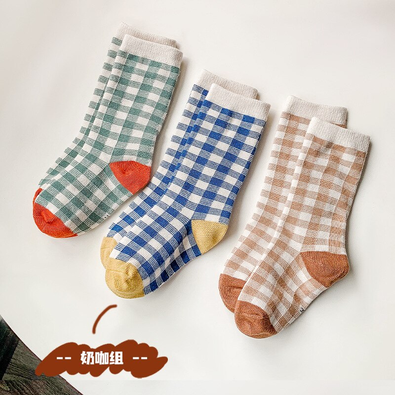 3 paia/lotto cotone bambini Plaid calzini autunno inverno bambini di modo del diamante griglia calzini del tubo delle ragazze dei neonati morbidi calzini a scacchi