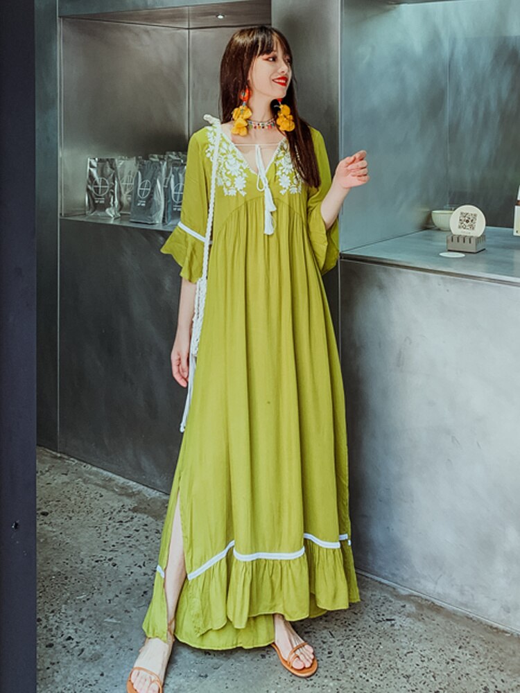 Vestido largo bohemio de algodón con bordado para mujer, ropa india, Kurta, estilo étnico, largo, para vacaciones en la playa