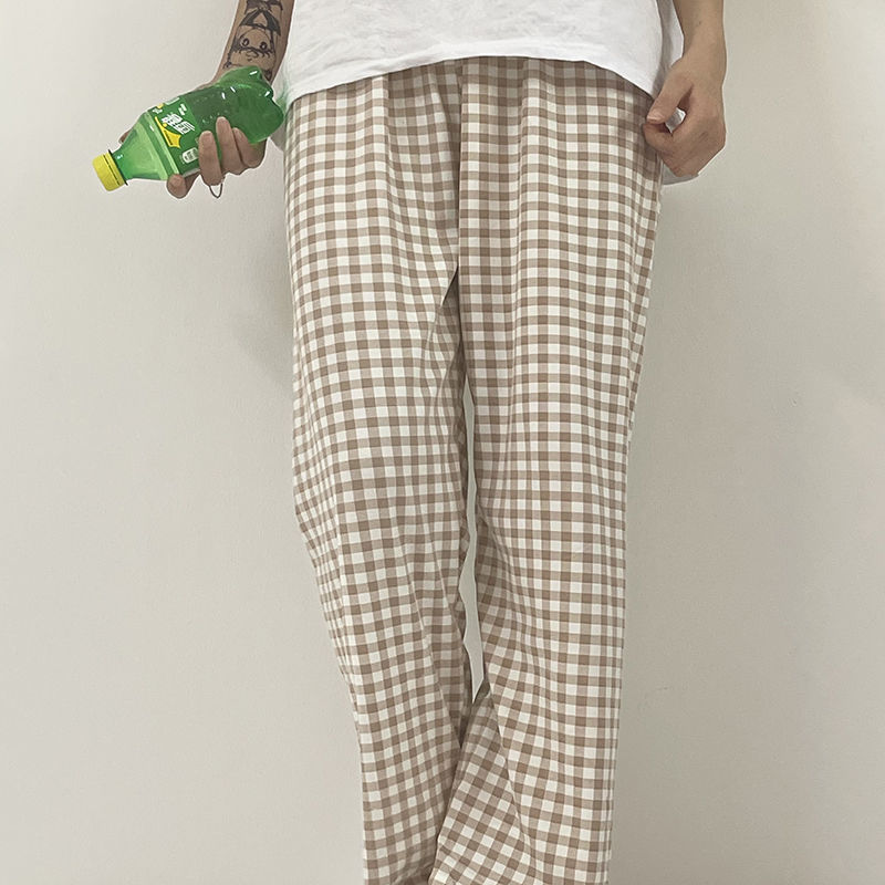 Pantalones de dormir a cuadros para mujer, ropa de dormir de estilo coreano, prendas de vestir holgadas y transpirables, para el día a día: L