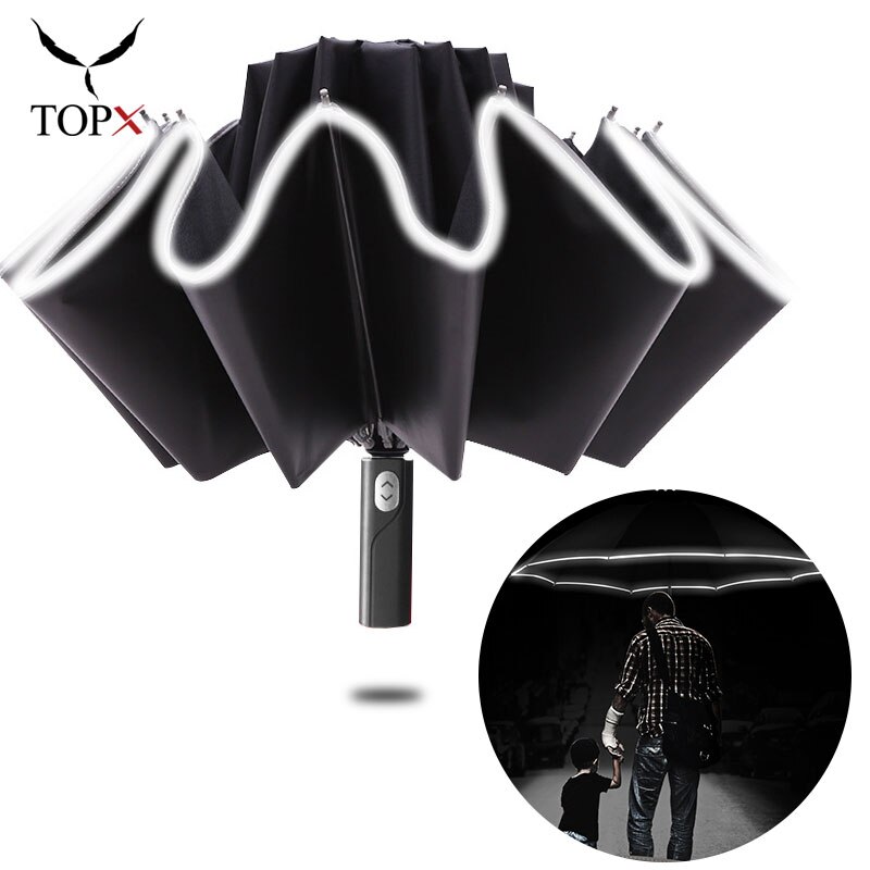 Stærk vindtæt automatisk 3 foldende omvendt paraply regn kvinder reflekterende stribe 10k parasol store forretningsparaplyer mænd зонт