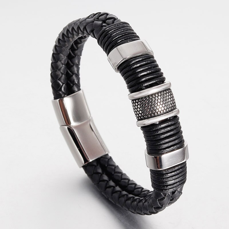 Pulseras de cuero trenzadas para hombre, pulsera de cadena de cuerda multicapa negra, cierre magnético de acero inoxidable, de joyería para hombre