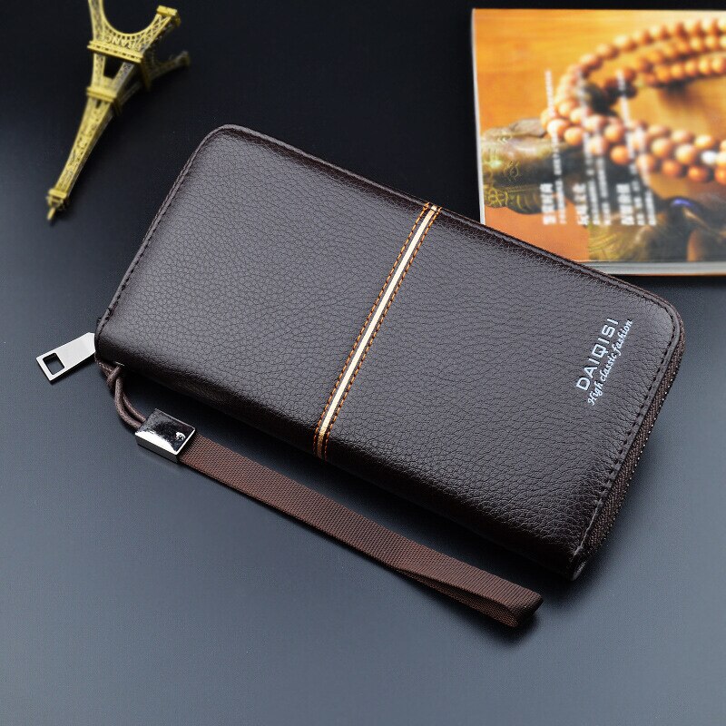 Nueva cartera de para hombre, bolso de mano informal de negocios con cremallera, bolso de gran capacidad para teléfono móvil, Cartera de cuero: Dark coffee