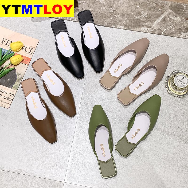 Sommarlägenheter mulor dam sandaler skärp slip on spetsig tå kvinnor utomhus skor kvinnor låga klackar ledig platt med dam sandaler