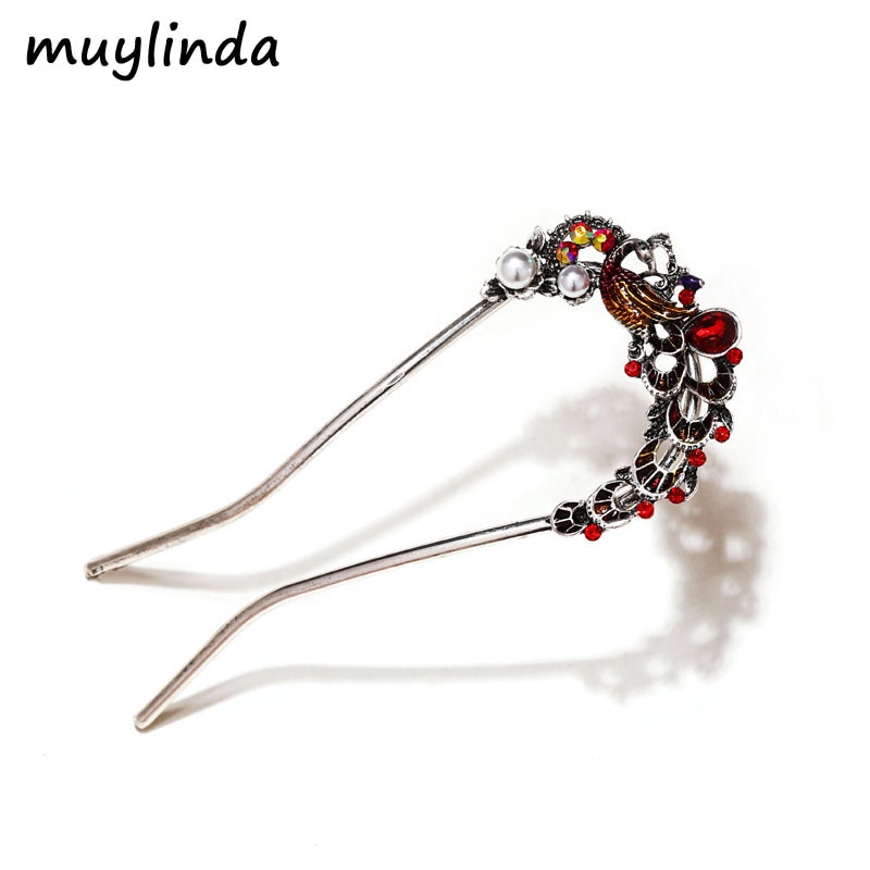 Muylinda Style chinois U forme émail paon épingle à cheveux bâton femmes Banquet fête strass épingles à cheveux bijoux