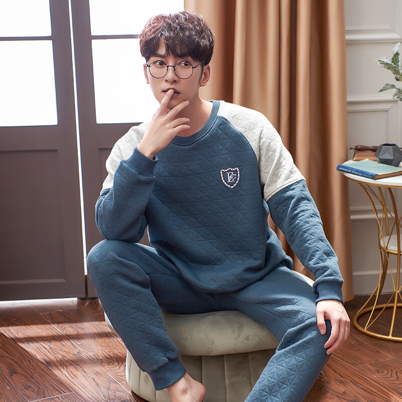Winter Dicke Warme Blau Stepp Schlafanzug setzt für Männer Langarm Luft baumwolle Zwischenschicht Nachtwäsche Loungewear Homewear Hause Kleidung
