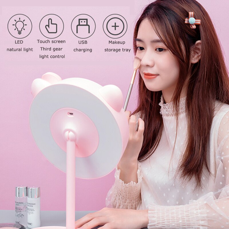 Espejo de maquillaje con orejas de gato rosa, espejo de pie con pantalla táctil, espejo de tocador, luz ajustable, espejos de escritorio cosméticos