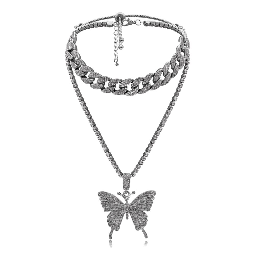 Vrouwen Mode Punk Stijl Rhinestone Vlinder Hanger Collier Sieraden: Black