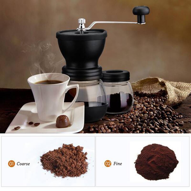 Kaffekvern manuell kaffekvern med keramiske grader, håndkaffekvern med til glasskrukker børste og spiseskje scoop