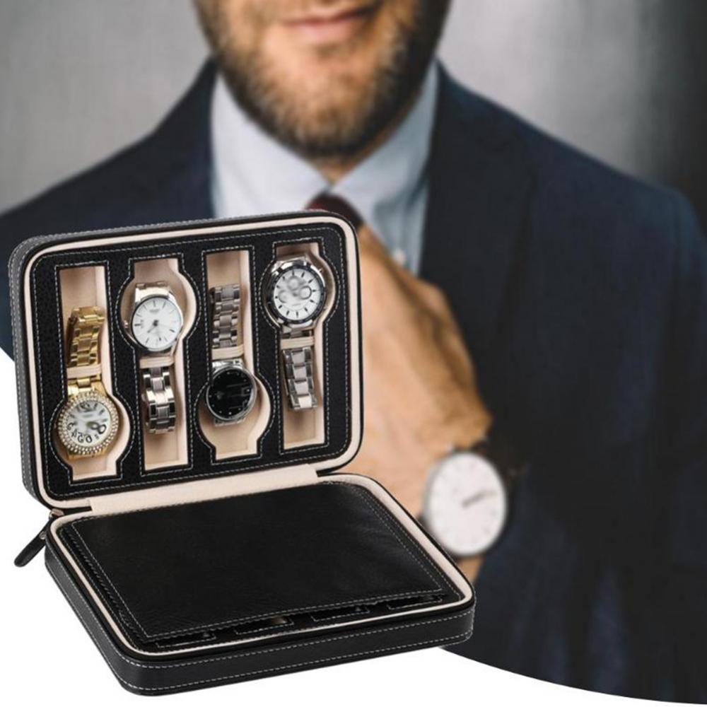 2/4/8 Grid Watch Jewelry Storage Box Faux Leather Zipper Multi-Functional Organizer Display Case Portable Watch Organizer