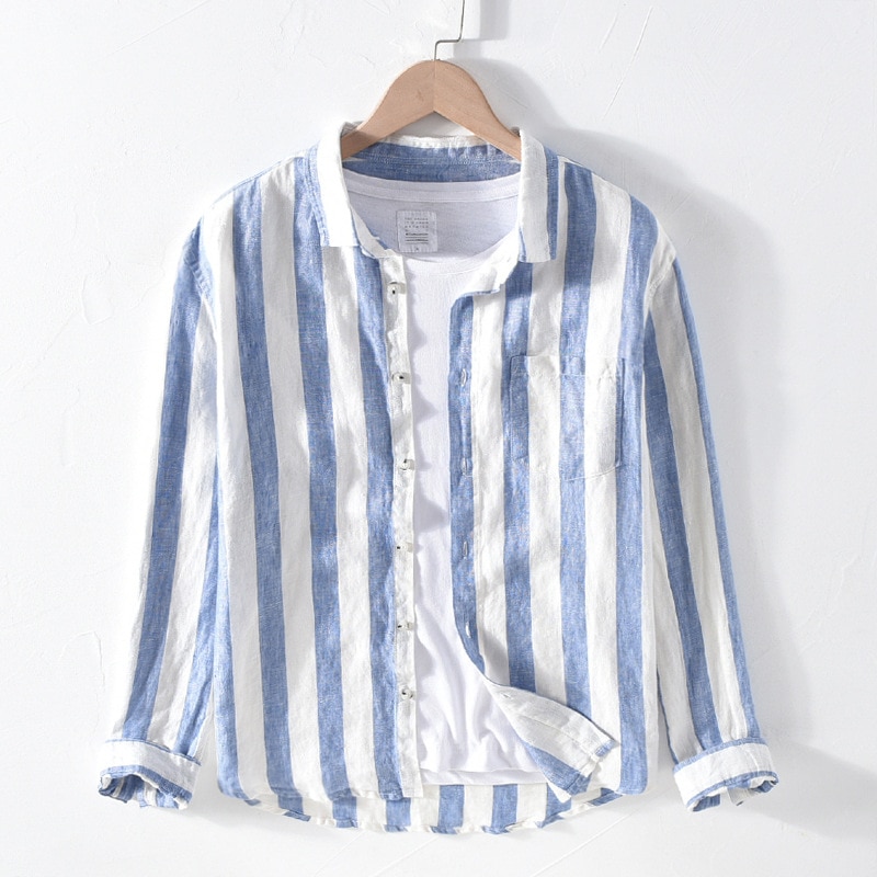 1901 Mannen Lente Herfst Mode Linnen Lange Mouwen Nave Blue Strip Patchwork Turn Down Kraag Casual Klassieke Mannelijke Chic shirt