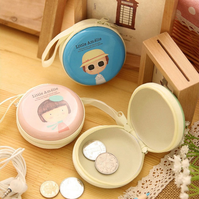 Cute Girl Print Portable Mini Round Coin Purse Wallet Key Earphone Holder Case Bag Cartoon Zipper Pocket For Kids Girl Women