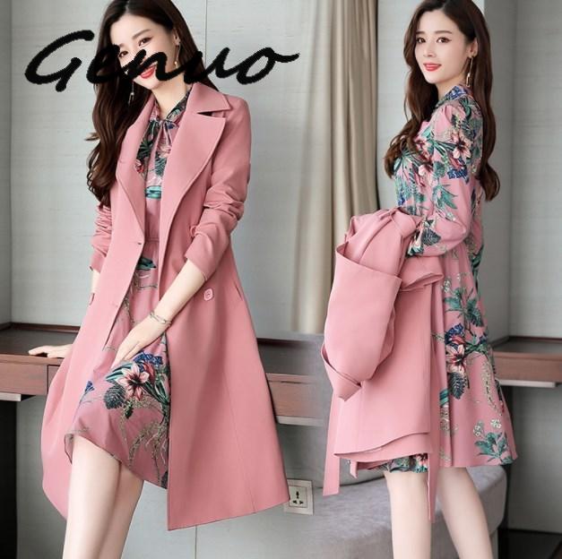 Frühling Herbst Damen Kleid Anzüge Für Büro Tragen Lange Graben Mantel Und Knie Länge Kleid 2 Stück Set Frauen Formale kleider Anzug