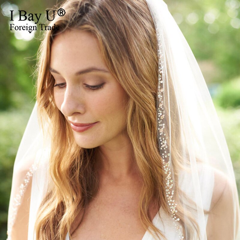 Roségouden kralenrand bruidssluier handgemaakte blush kralen kristal bruidssluier ivoor tule vingertop sluier bruidsaccessoire