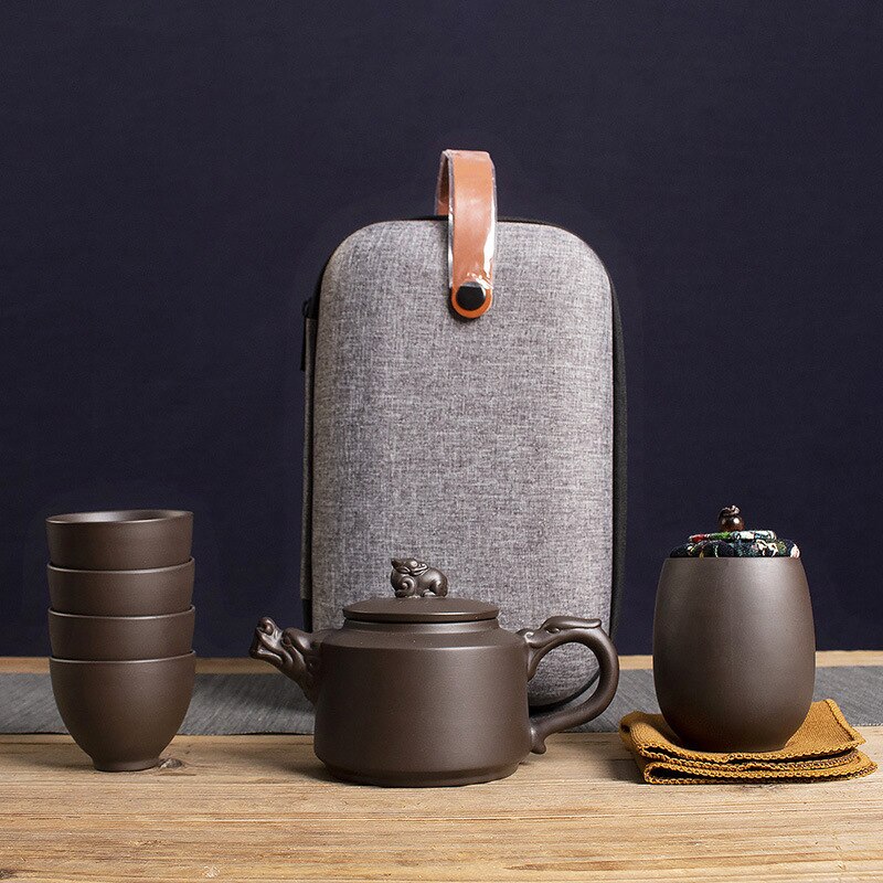 Yixing Dragon Teapot Sets 6pcs Ceramic Purple Clay Kung Fu Travel Tea Set 1 Teapot + 4 Cups + 1 Tank Handmade Teapot Set: B