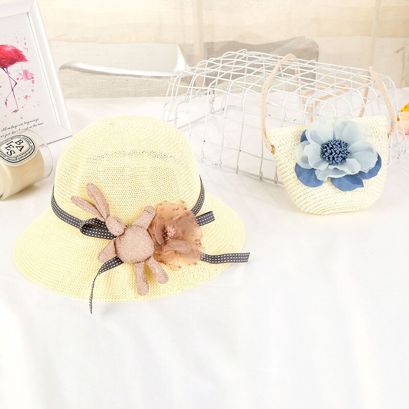 Women Girls Straw Sun Hat + Cute Flower Straw Shoulder Bag Set Summer Beach Kit -OPK