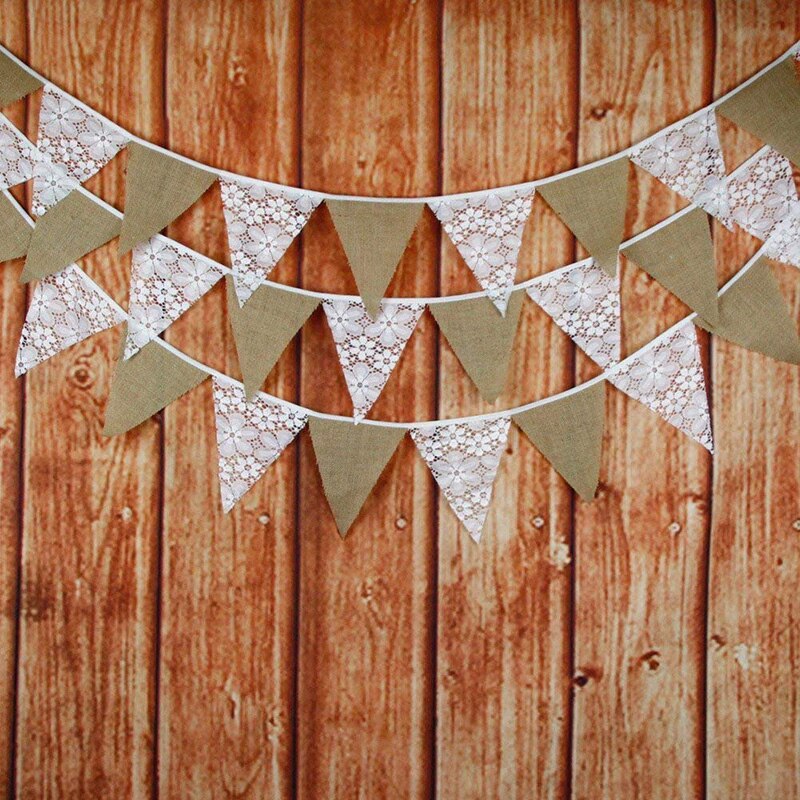 12 Triangle Flags Burlap Floral Lace Banner DIY Bunting Garland Rustic for Wedding Background Birthday Party Home Decoration