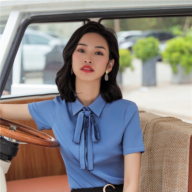 Wit Chiffon Blouses & Shirts Voor Vrouwen Business Werkkleding Zomer Korte Mouwen Vrouwelijke Tops Kleding Met Stropdas