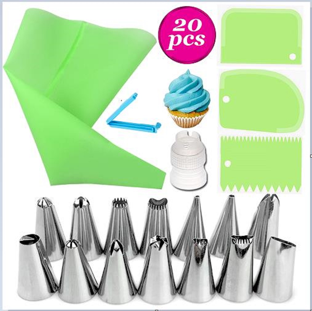 14pcs Cake Decorating Kit Supplies With Stainless Steel Piping Nozzle Tips Pastry Bag Clip Icing Smoother Spatulas Coupler: Green