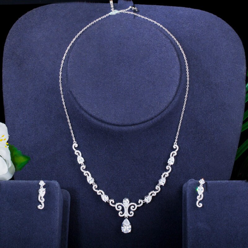 Pera Jahrgang Silber Farbe Zirkonia aufbringen Wasser Tropfen Frauen Hochzeit Halskette Ohrringe königlich Blau CZ Schmuck einstellen J352: Weiß