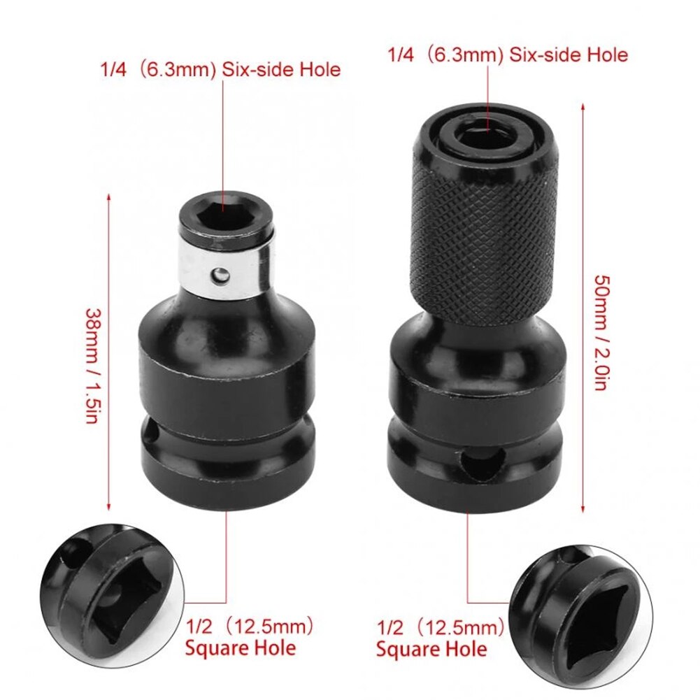 2 Set Hex Ratchet Socket Adapter Drive 1/2" Square To 1/4" Female Chuck Converter Impact Tool Kit Quick Release Impact Wrench
