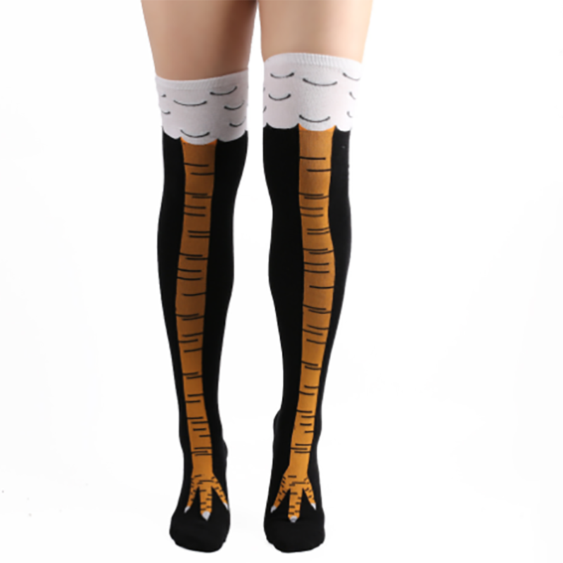 Bas à pattes de poulet pour femmes, chaussettes longues, chauffe-jambes, dessin animé drôle, griffe de jambe de poulet en coton, impression 3D, au-dessus du genou: over knee black