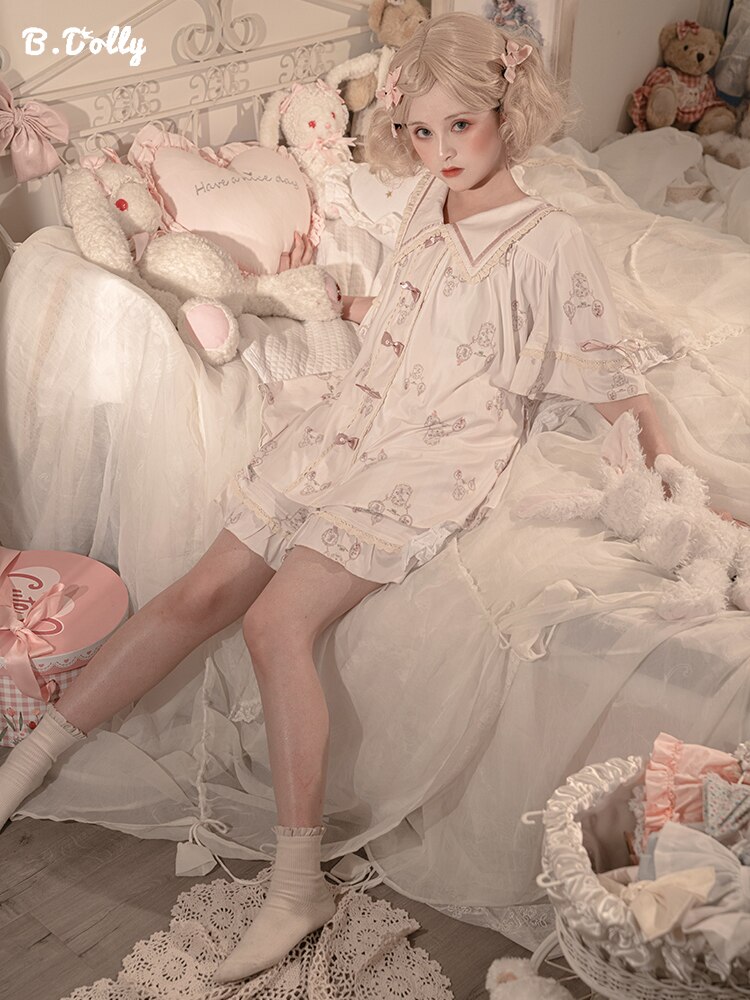 Kawaii śliczne Lolita bielizna nocna koszula nocna Lolita zestaw koszula szorty gwiazda księżyc piżamy sukienki zestaw z krótkim rękawem słodkie ubrania domowe