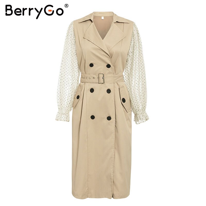 BerryGo chic polka dot women coat Patchwork transparent puff sleeve female overcoats Button pocket lady long trenches: S