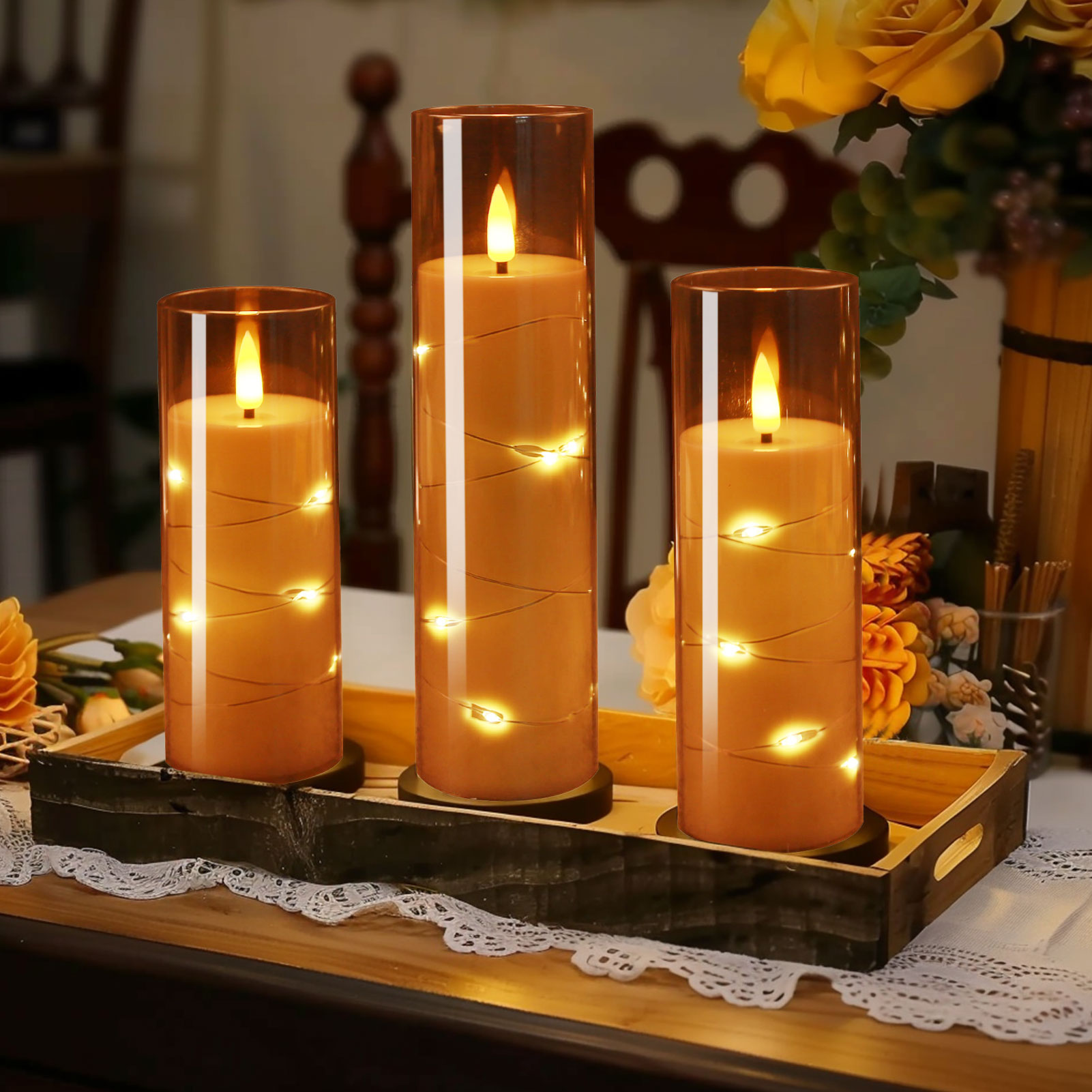 Ensemble de 5 bougies LED sans flamme avec guirlande lumineuse étoile intégrée, bougies pilier à piles avec minuterie à distance pour la décoration de la maison