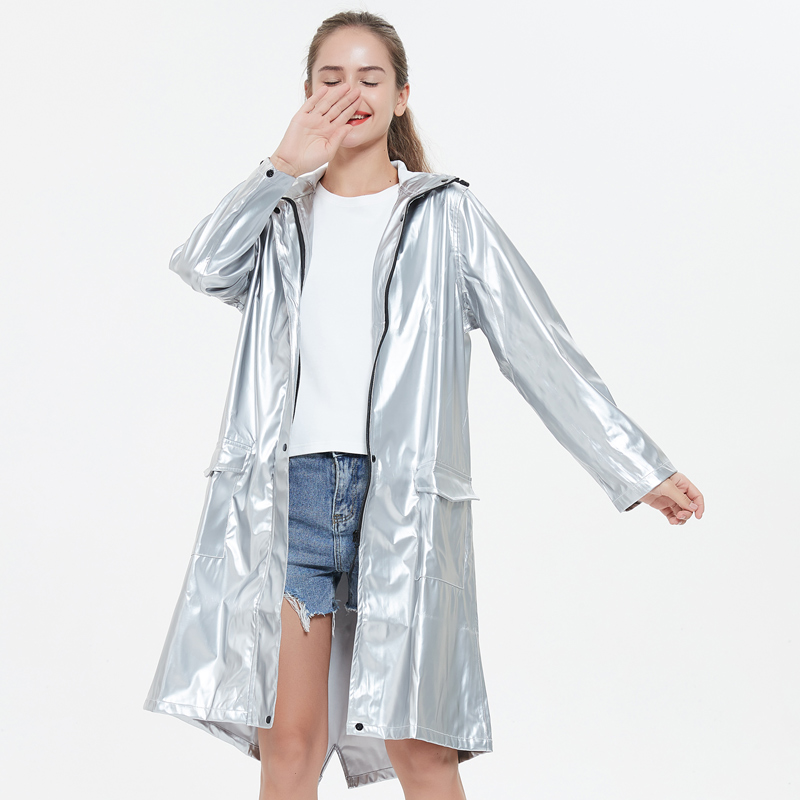 Cool Silver Zacht Leer Regenbui Proof Ins Hipster Netto Rode Lange Regenjas Mannen En Vrouwen Koppels Universele Jas