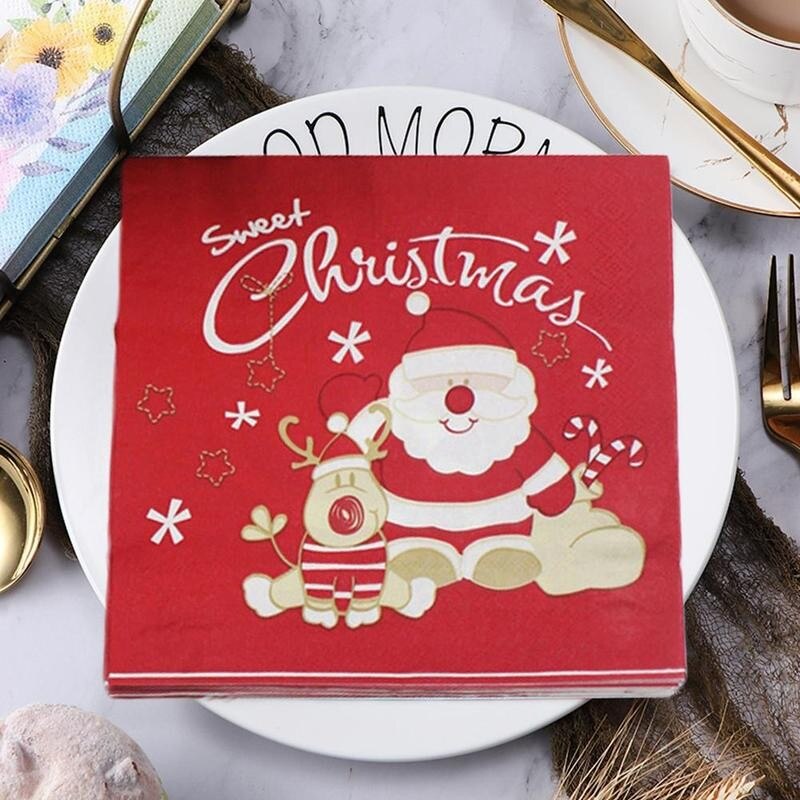 20 pièces/lot serviettes de Table de noël tapis en tissu imprimé Santa Tree bois pâte papier joyeux noël décor cuisine noël Table serviettes