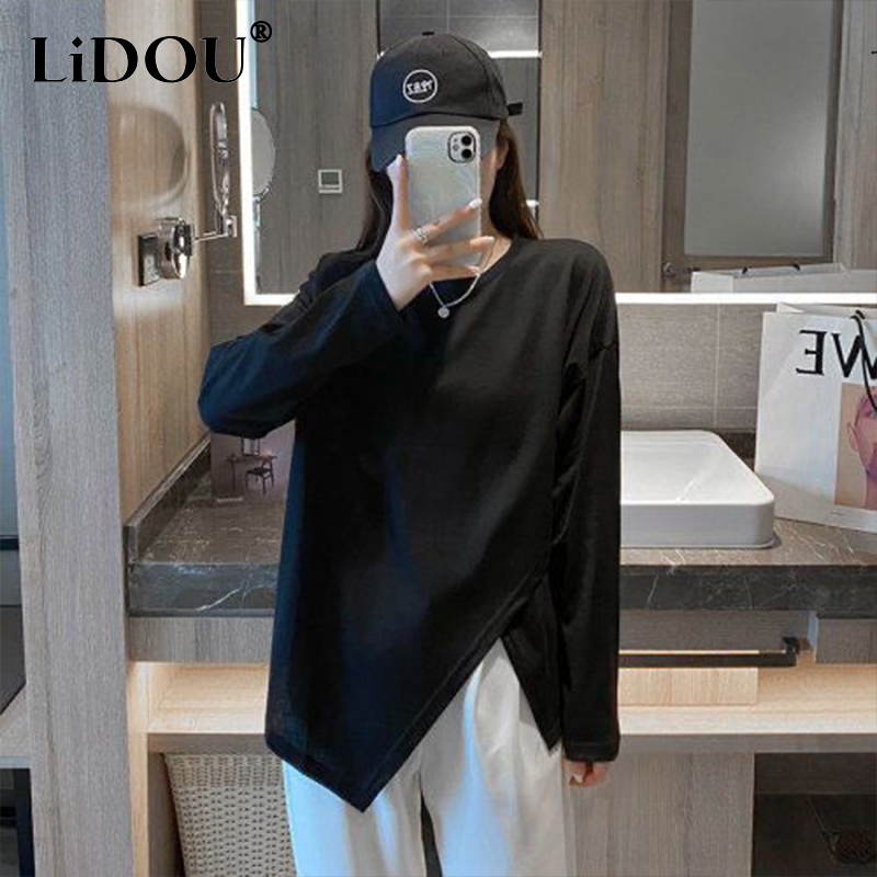 2023 nueva coreana de otoño Irregular estilo Hipster calle Neutral Normcore camiseta Top de Color sólido para mujer: 5 XL / Negro