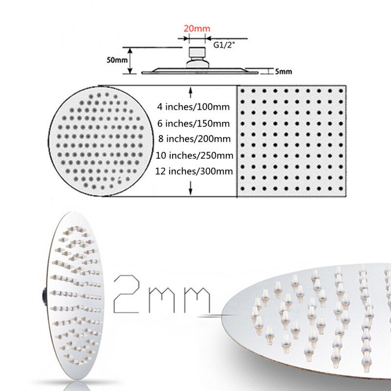 Bathroom 12/10/8/6/4 inch Rainfall Shower Head Stainless Steel Ultra-thin Shower Heads Chrome Finish Round &amp; Square Rain Shower