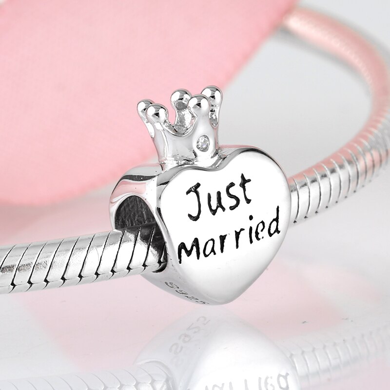 Regalo di Giorno di san valentino 925 Sterling Silver Just Married cuore Corona della regina Misura Branelli Originale JIUHAO Braccialetto di Fascino Monili che fanno
