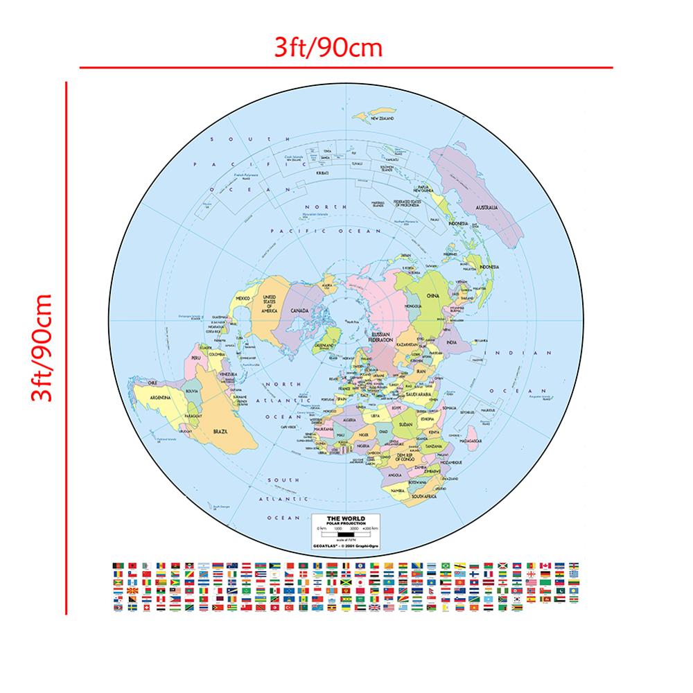 Konvensjonelt verdenskart med flagg rundt 90 x 90cm ikke-vevet vanntett ikke-falmer kart til kulturopplæringe