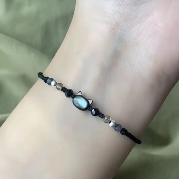 Pulsera de gato bonita hecha a mano para parejas, cuerda de mano única y para mujeres y hombres, pulsera tejida con cuentas, de joyería para la muñeca: Color amarillo dorado claro