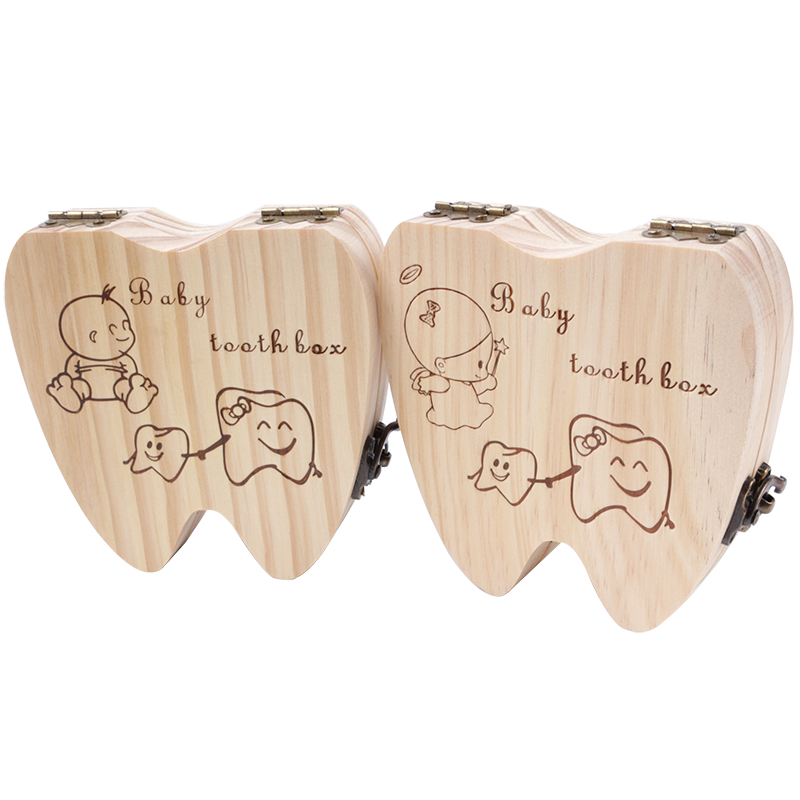 Træ engelsk babytandboks arrangør mælketænder opbevaring samle tænder navle gem arrangør opbevaring drenge piger souvenir
