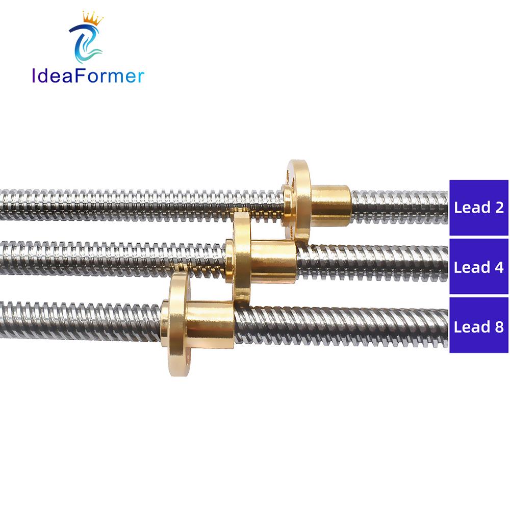 Jeu de vis à tête trapézoïdale T8, diamètre 8mm, pas 2mm, plomb 2/4/8mm, longueur 200/250/300/350/400/500mm avec écrou en laiton